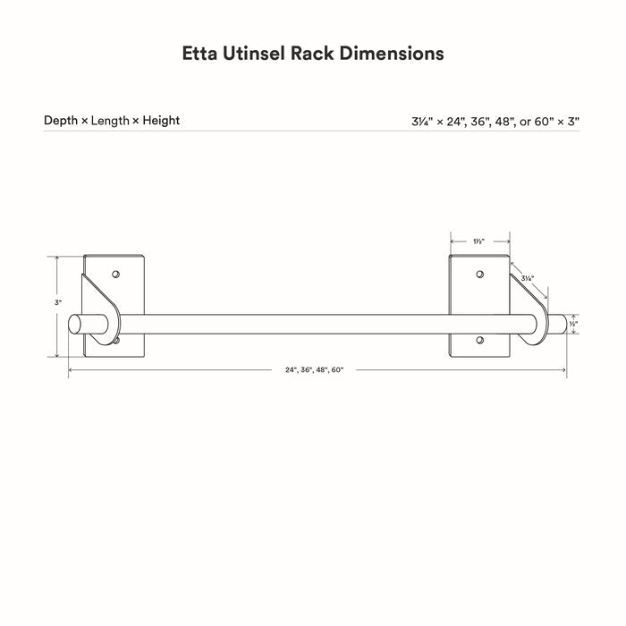 Technical line drawing showing dimensions and measurements of the Etta Utensil Rack with minimalist stainless steel wall mounting brackets designed for durable kitchen organization.
