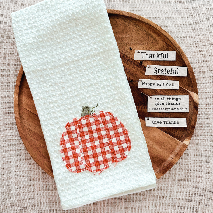Fall Fabric Appliqué Dish Towel - Orange Gingham Pumpkin - 3 Styles