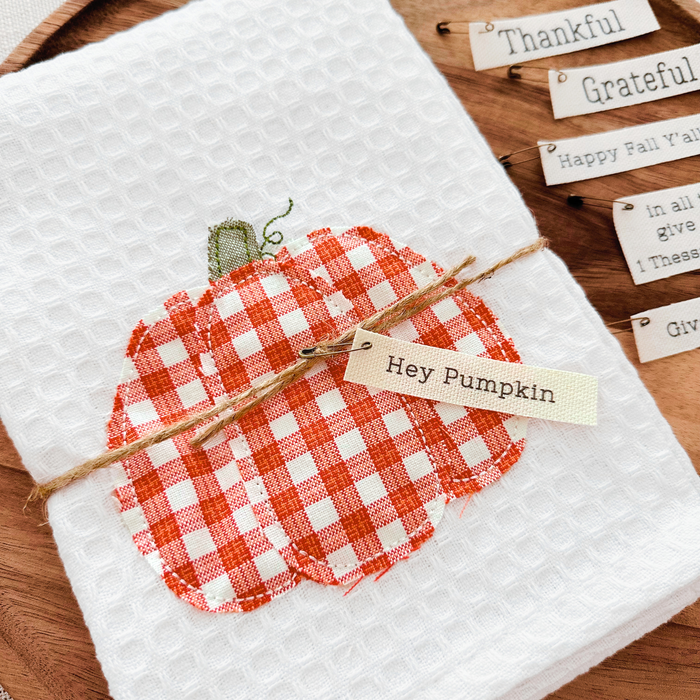 Fall Fabric Appliqué Dish Towel - Orange Gingham Pumpkin - 3 Styles