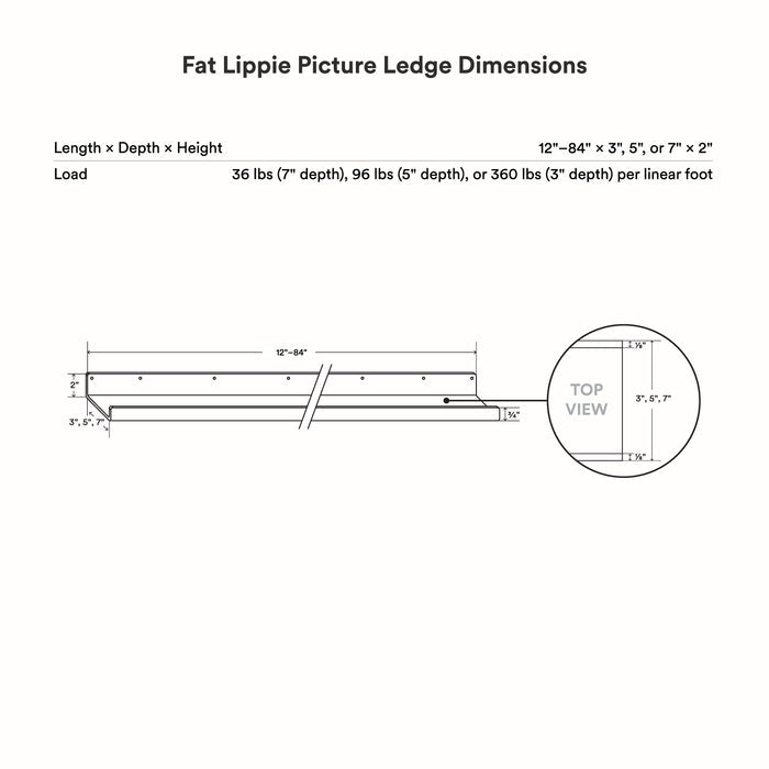 Fat Lippie Picture Ledge (7" Depth) in matte white steel floating shelf with clean minimalist wall display design