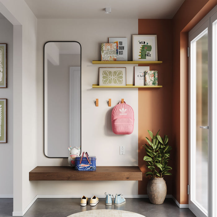 Fat Lippie Picture Ledge (5" Depth) in yellow wood floating display ledges with hooks in modern foyer wall setup