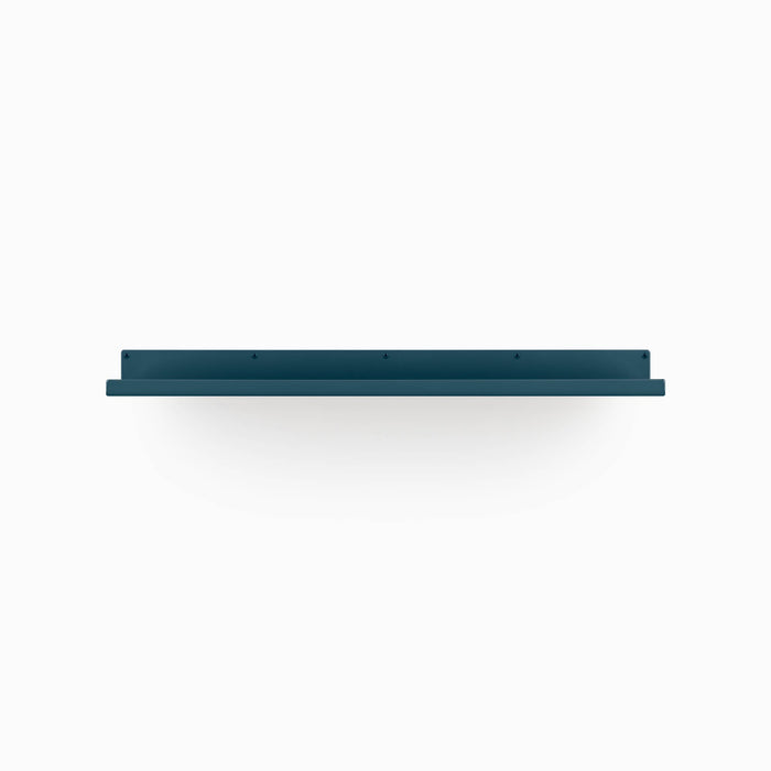 Dark teal metal wall-mounted floating shelf bracket with slim design and screw holes on a white background
