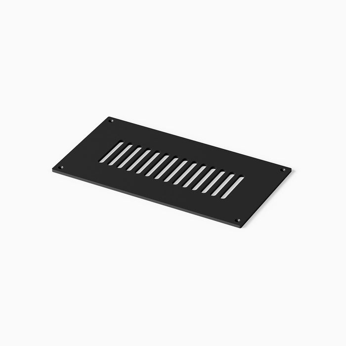 Felix Vent Cover in matte black steel with clean, modern lines featuring a rectangular vent pattern and four mounting holes for durable wall installation.
