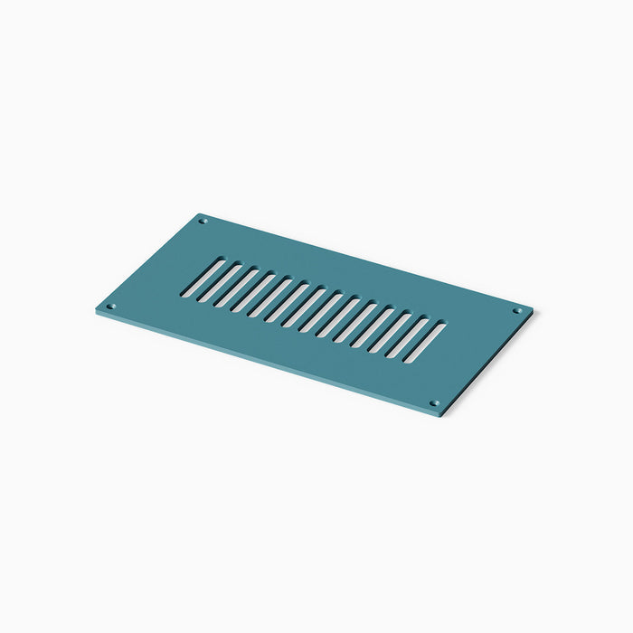 Felix Vent Cover in steely blue steel with a sleek rectangular slot design and four mounting holes, crafted for durable, modern ventilation.