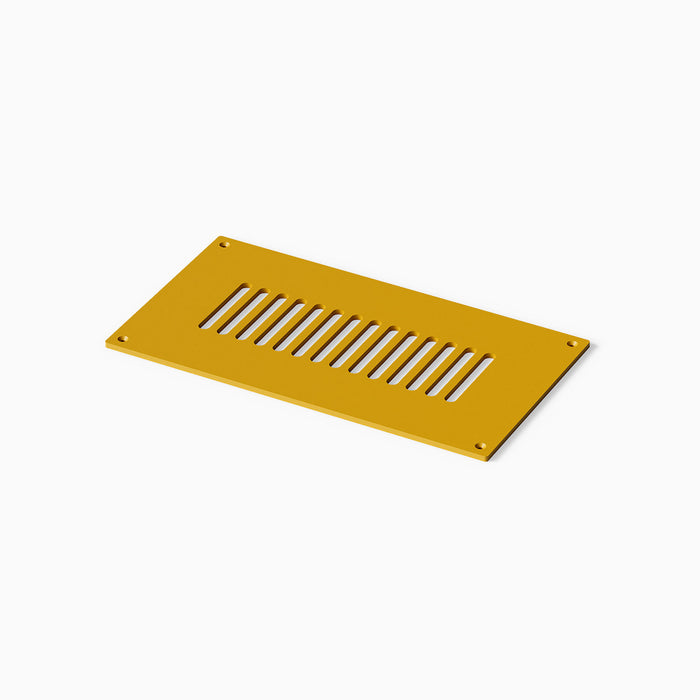 Felix Vent Cover in matte honey mustard steel with a modern rectangular slot design and four corner mounting holes for durable, stylish ventilation.