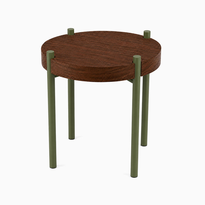 Fern Plant Stand (Walnut) features a minimalist design with a solid walnut round top and sturdy olive green metal legs, perfect for stylish plant display.