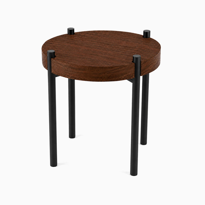 Fern Plant Stand (Walnut) featuring a round solid hardwood top supported by sleek black metal legs for stylish, functional display and organization.