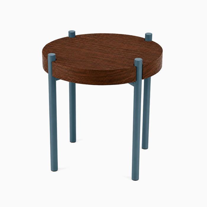 Fern Plant Stand (Walnut) featuring a minimalist round solid hardwood top supported by sleek steel legs, ideal for stylish wall shelves and display ledges.