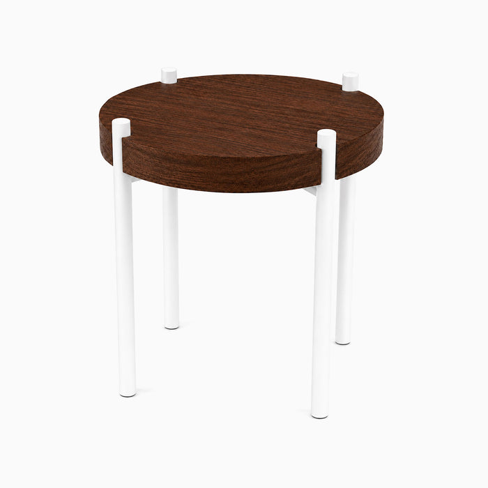 Fern Plant Stand (Walnut) with a round walnut wood top and sleek white metal legs, ideal for modern minimalist decor and display.
