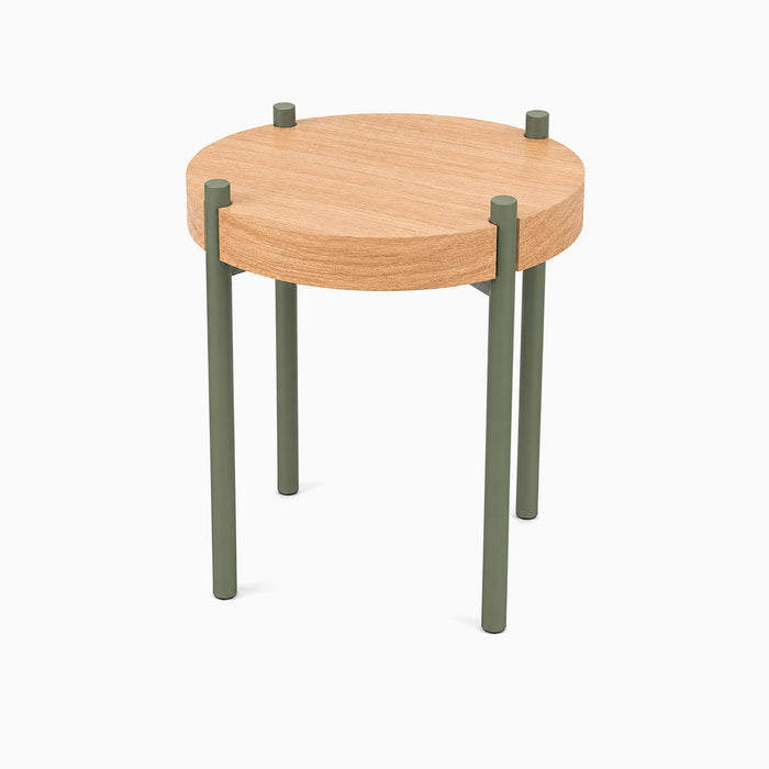 Fern Plant Stand (White Oak) featuring a round white oak top with sturdy green metal legs, showcasing minimalist mixed-material design by Shelfology.
