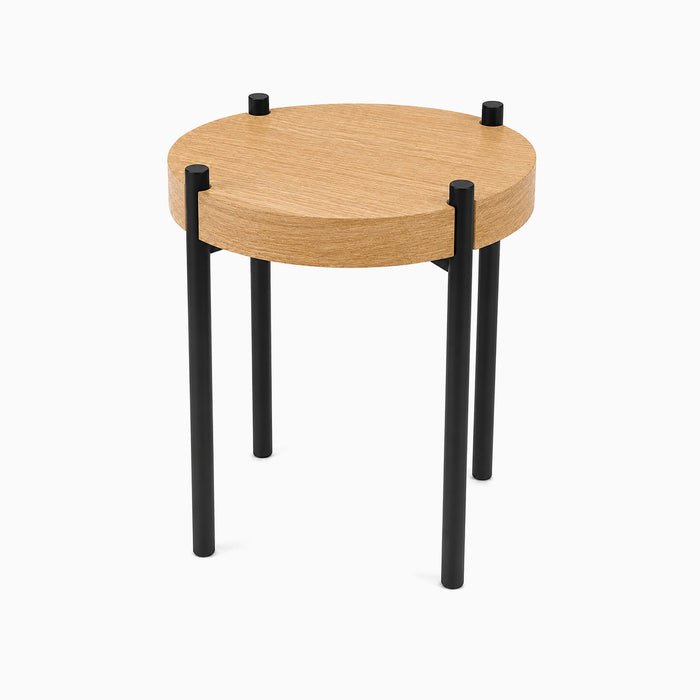 Fern Plant Stand (White Oak) with a round solid hardwood top and sturdy black metal legs, minimalist design for stylish plant display and organization.