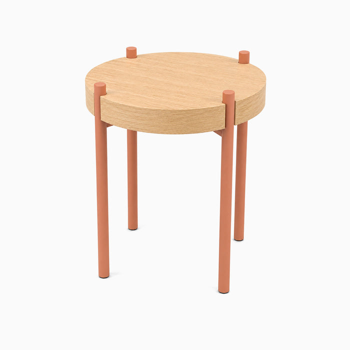 Minimalist Fern Plant Stand (White Oak) with round solid hardwood top and rust-resistant metal legs in a warm terracotta finish for stylish display.