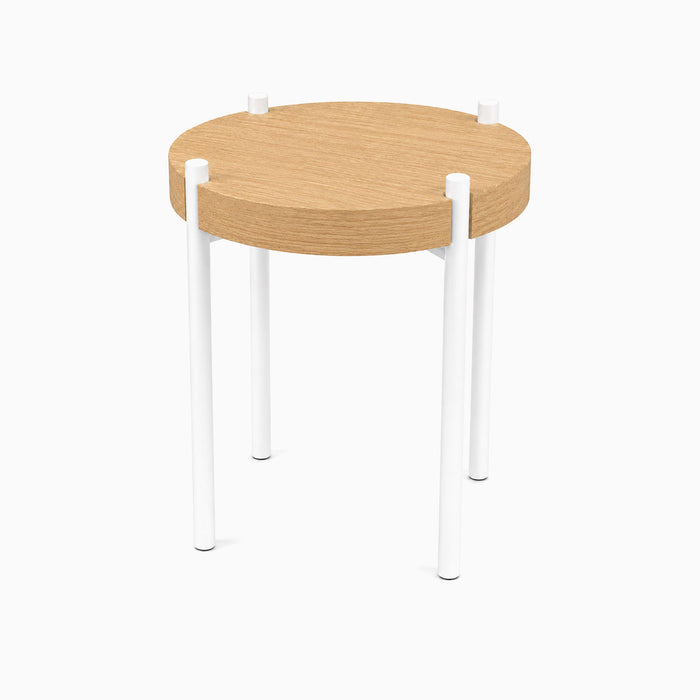 Fern Plant Stand (White Oak) featuring a minimalist round white oak top with sturdy white steel legs for functional, stylish plant display.