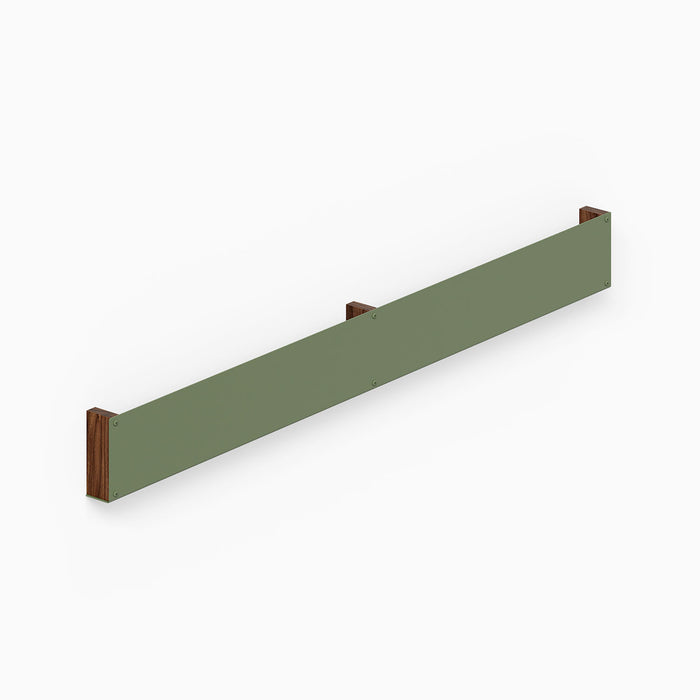 Minimalist Folio Art Book Display with olive green metal ledge and walnut wood brackets, designed for functional wall display and organization.