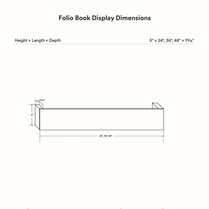 Technical line drawing showing dimensions of Folio Art Book Display with height, length, and depth measurements for functional wall shelf placement and display.