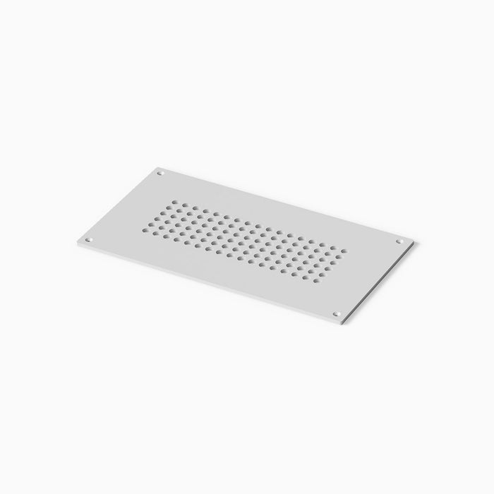Fritz Vent Cover in matte white steel with a minimalist pattern of circular perforations and four corner mounting holes for sleek ventilation and durable installation