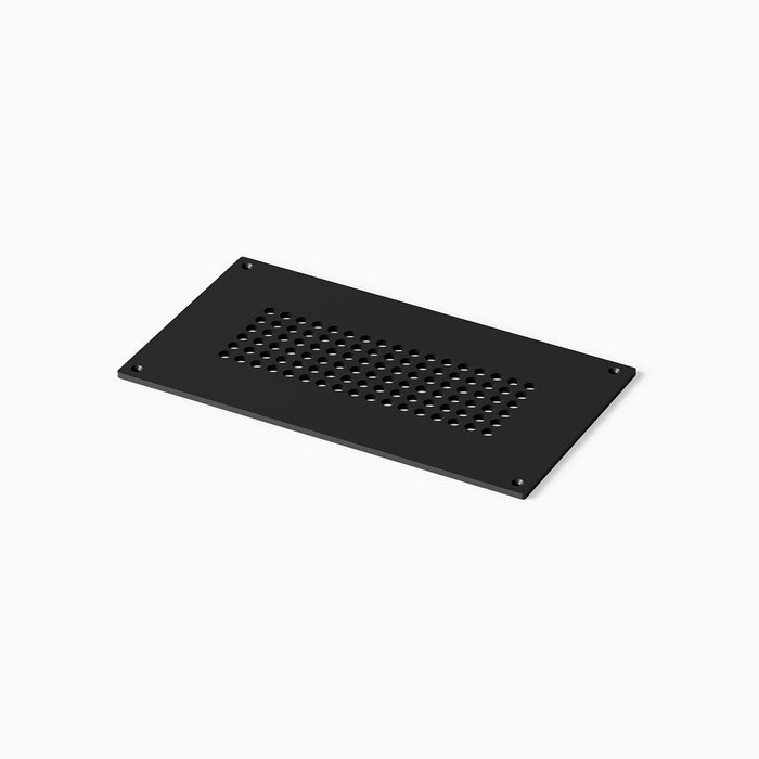 Fritz Vent Cover in matte black steel featuring a modern perforated hole pattern with four corner mounting points for durable, stylish ventilation.