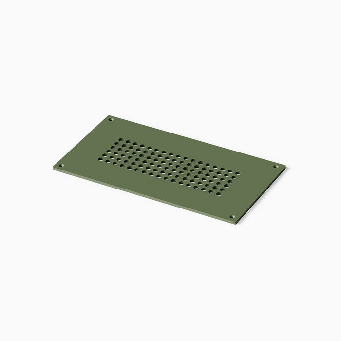 Fritz Vent Cover in muted army green steel with a modern perforated pattern and four corner mounting holes for durable, streamlined ventilation.