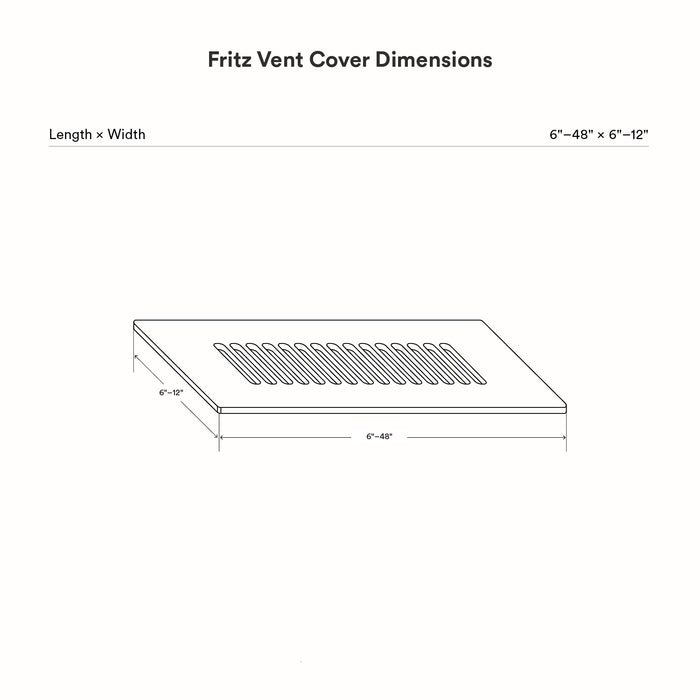 Fritz Vent Cover dimension diagram showing customizable length from 6 to 48 inches and width from 6 to 12 inches with a sleek modern vent slot design.
