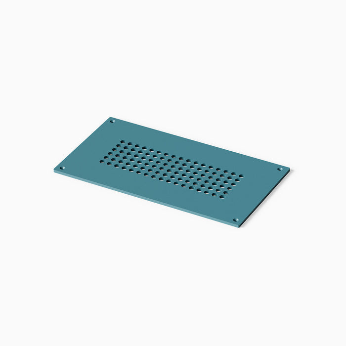 Fritz Vent Cover in steely blue steel with a minimalist perforated circle pattern and four corner holes for secure wall or floor mounting.