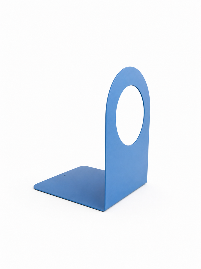 Geo Round Open Bookends (Set of Two) — 7" x 5" x 5 1/2" — Clearance in durable blue metal with rounded top and circular cutout, designed for stylish shelf and wall display.