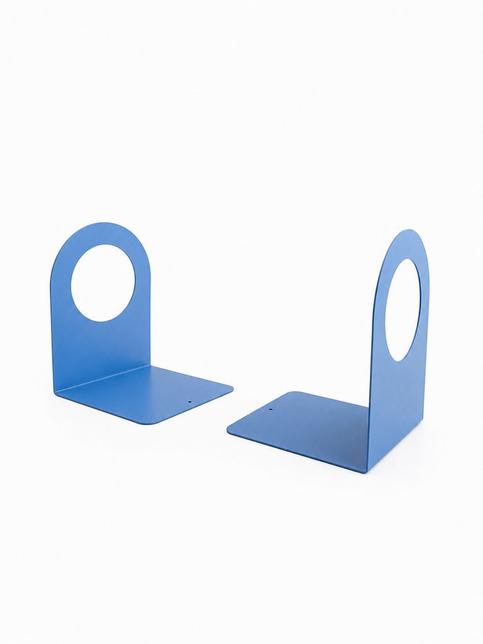 Geo Round Open Bookends (Set of Two) — 7" x 5" x 5 1/2" — Clearance, durable minimalist blue metal with round cutout for stylish organization and display.
