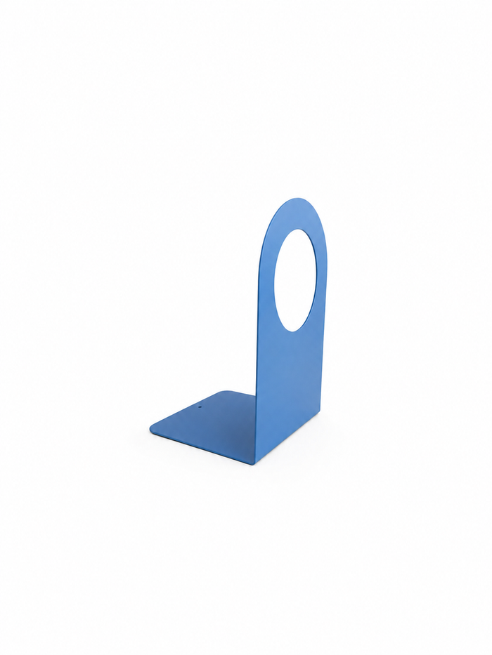 Geo Bookend Tall Open Round — Shelf Geek Blue — 8" x 5" — (Set of Two) Clearance in vibrant blue steel with a tall open round design for sturdy, minimalist book organization.