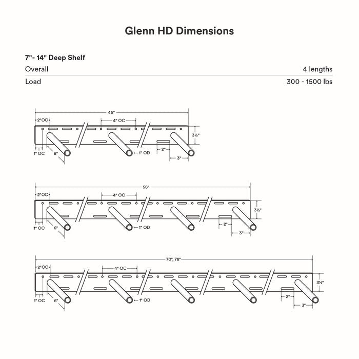 Glenn HD Floating Mantel Bracket technical drawing with dimensions and heavy-duty load capacity for sturdy floating shelf support