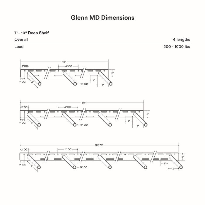 Glenn MD Floating Mantel Bracket technical line drawing showing multiple length options and load capacity details