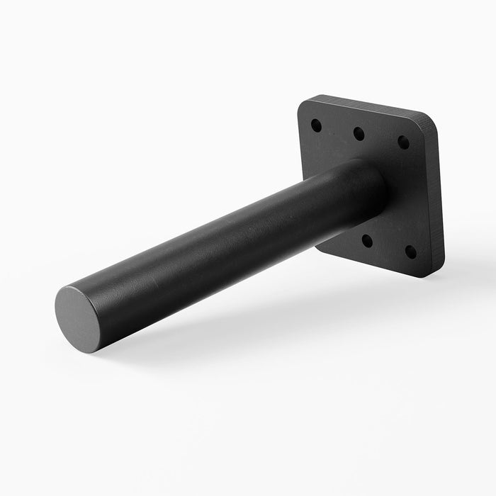 Glenn MD Single Rod Floating Mantel Bracket in matte black solid steel designed for strong, minimalist support of fireplace mantels and floating shelves