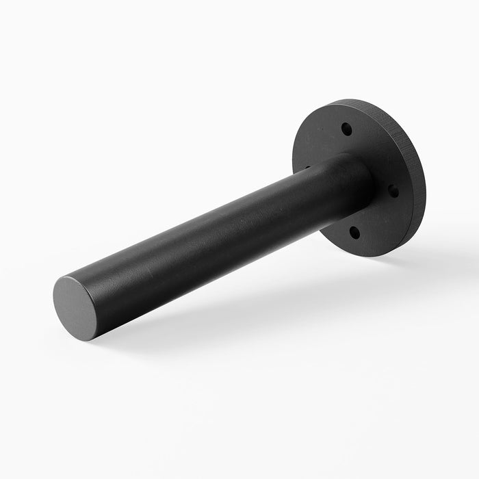 Glenn MD Single Rod Floating Mantel Bracket in matte black solid steel, crafted for minimalist, strong support of floating shelves and mantel displays.
