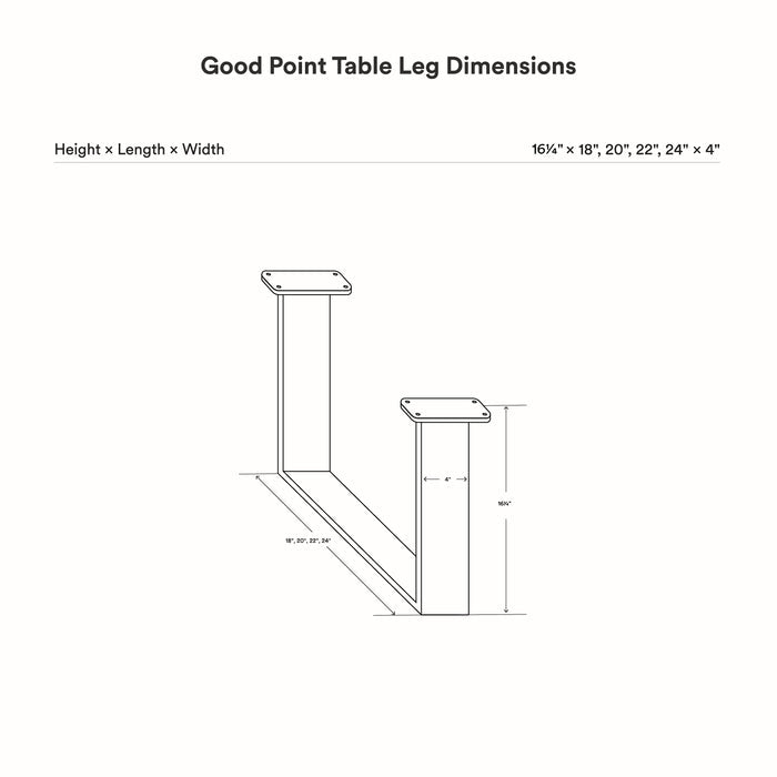 Technical line drawing showing dimensions of Good Point Coffee Table Legs (Set of Two) with different height, length, and width measurements for precise furniture assembly.