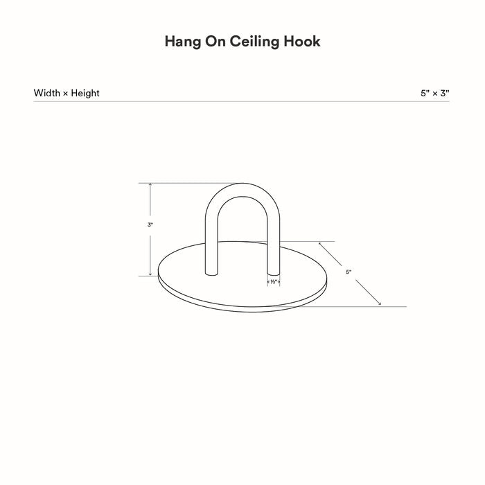 Line drawing of a Hang On Ceiling Hook measuring 5 inches wide by 3 inches tall, designed for minimalist, functional wall and ceiling organization.