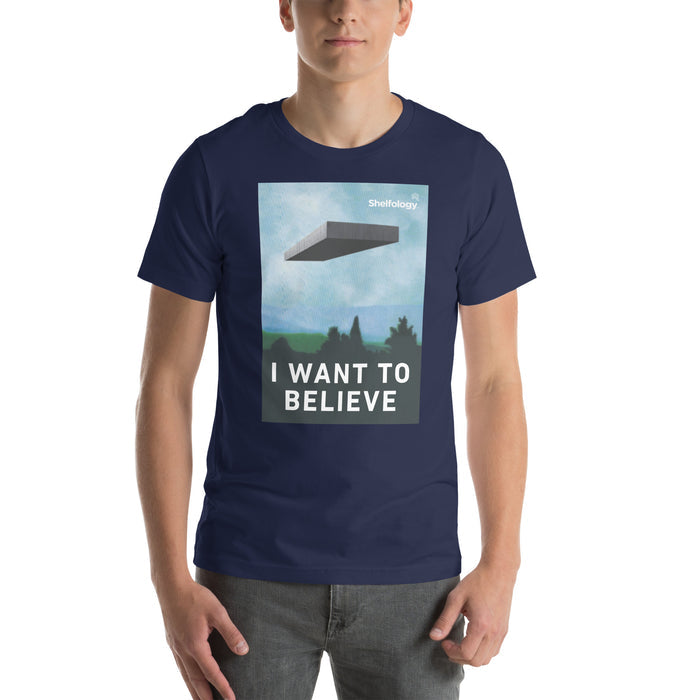 I Want to Believe T-shirt in navy with graphic of floating shelf and bold text for casual, minimalist style