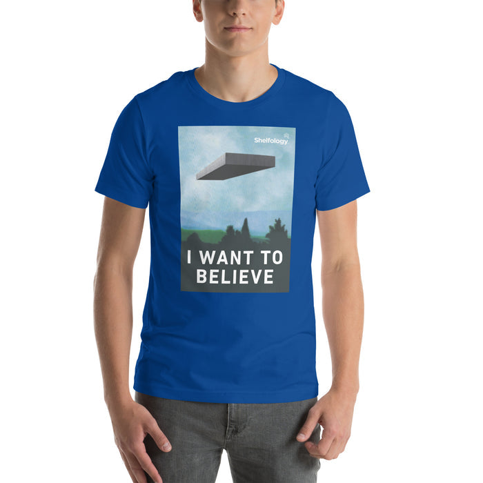 I Want to Believe T-shirt in true royal blue with graphic of floating shelf against sky for casual minimalist style