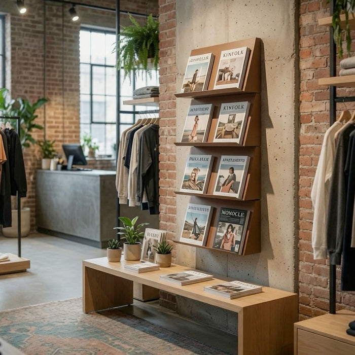 Contemporary retail space featuring the Issue Book + Magazine Wall Display with wood and steel mixed-material shelves showcasing magazines on a brick wall for organized, stylish display.