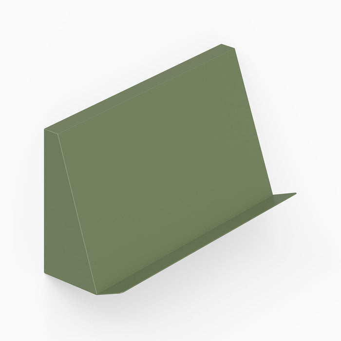 Issue Book + Magazine Wall Display in matte army green, minimalist metal shelf designed for organizing and displaying books and magazines.
