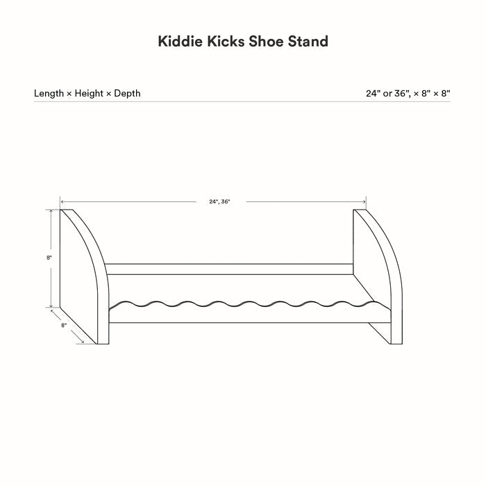 Kiddie Kicks Shoe Rack line drawing showing solid wood side legs and a single powder-coated steel shelf with a wavy edge measuring 24 or 36 inches wide.