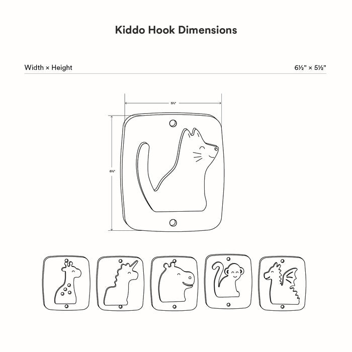 Kiddo Hooks set featuring minimalist animal designs on durable, rust-resistant metal plates, perfect for organizing kids’ rooms with functional wall hooks.