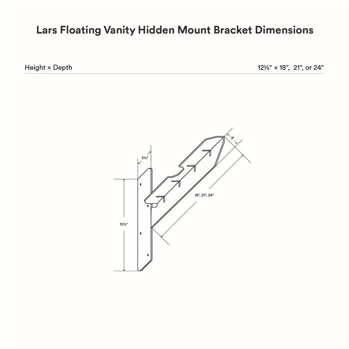 Technical line drawing of the Lars Floating Vanity Hidden Mount Bracket showing detailed dimensions for height and depth measurements.