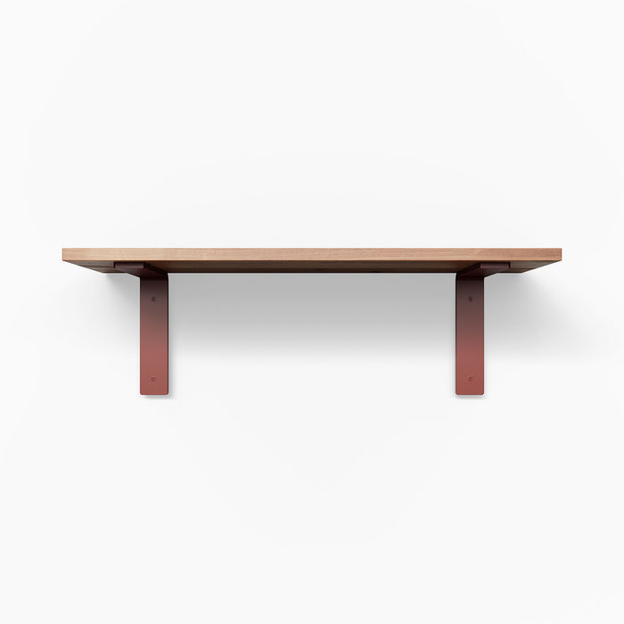 Leif Alder Wall Shelf with satin clear alder wood surface and rust-resistant red metal floating shelf brackets for sleek display