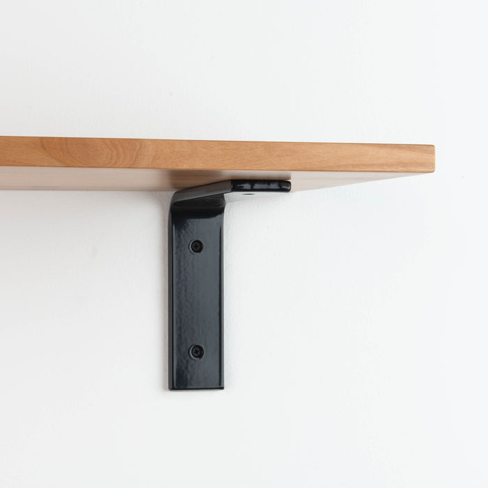Leif Alder Wall Shelf with satin clear alder wood and gloss black metal L bracket for sturdy wall mounting