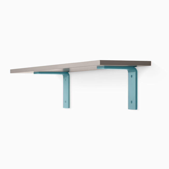 Leif Arsenic Wall Shelf with satin clear alder wood and teal metal brackets for functional floating shelf display and organization