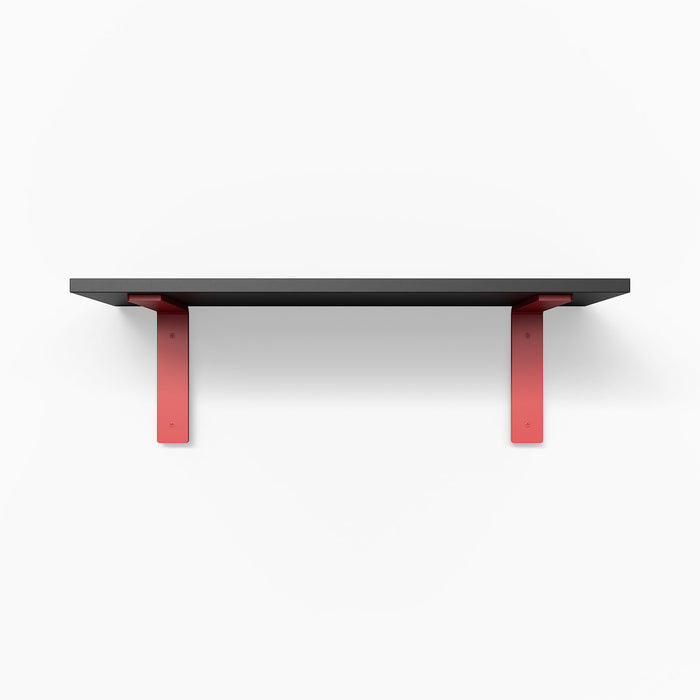 Leif Black Wall Shelf with solid alder wood and bold red metal L brackets for modern wall shelf display and organization