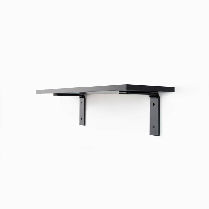 Leif Black Wall Shelf with solid alder wood and matte black metal brackets for modern floating wall shelf display and organization