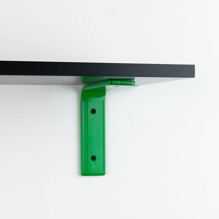 Leif Black Wall Shelf with solid alder wood and vibrant green metal L bracket for durable wall shelf display and organization