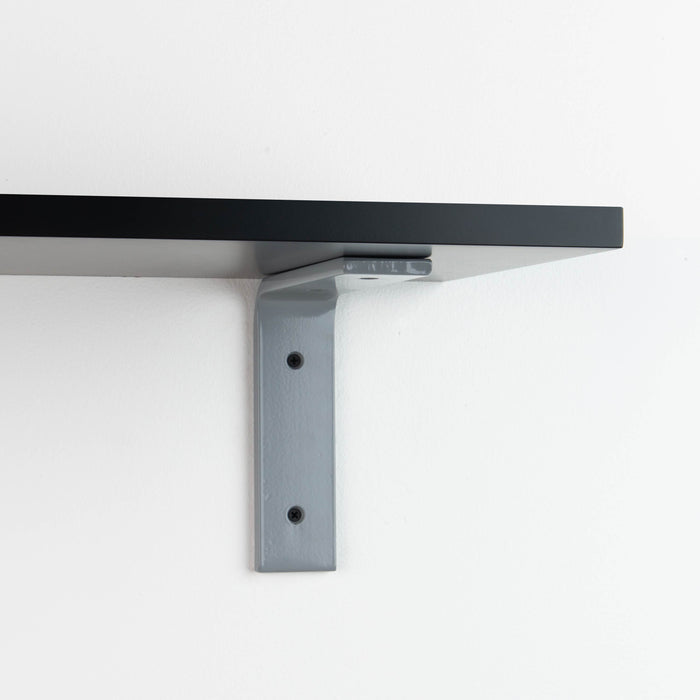 Leif Black Wall Shelf with solid alder wood and wide grey metal L bracket for minimalist floating wall shelf display