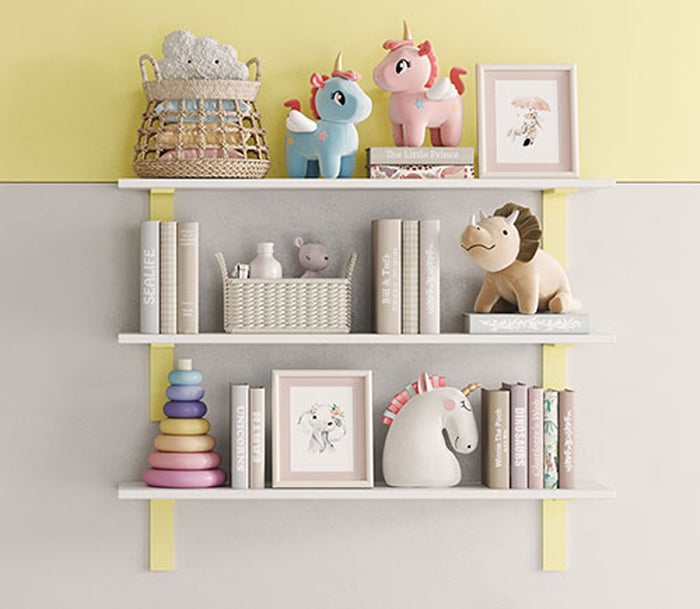 Leif Concretey Wall Shelf with solid Alder wood and yellow metal floating shelf brackets for functional wall display