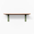 Leif Cherry Wall Shelf with rich cherry wood and matte green metal brackets for minimalist floating shelf display