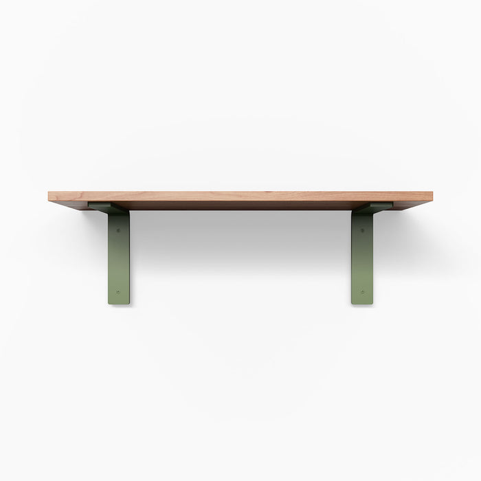 Leif Cherry Wall Shelf with rich cherry wood and matte green metal brackets for minimalist floating shelf display